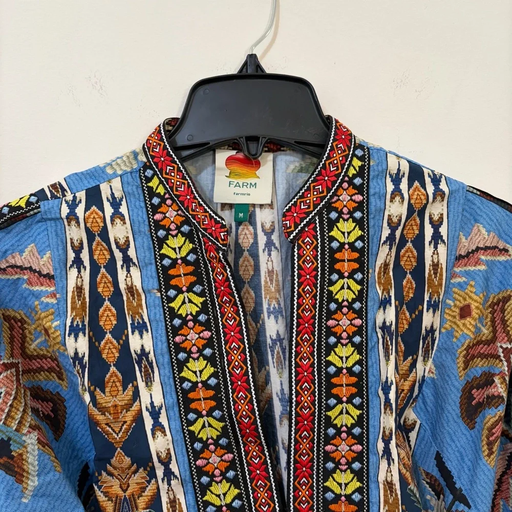 Farm Rio Embroidered Tapestry Organic Cotton Blue Boho Mini Dress with Belt - Picture 8 of 10
